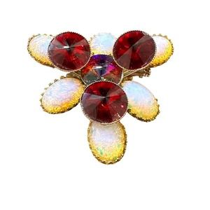 VINTAGE Triangle Brooch - Synthetic Opal and Red Rhinestones